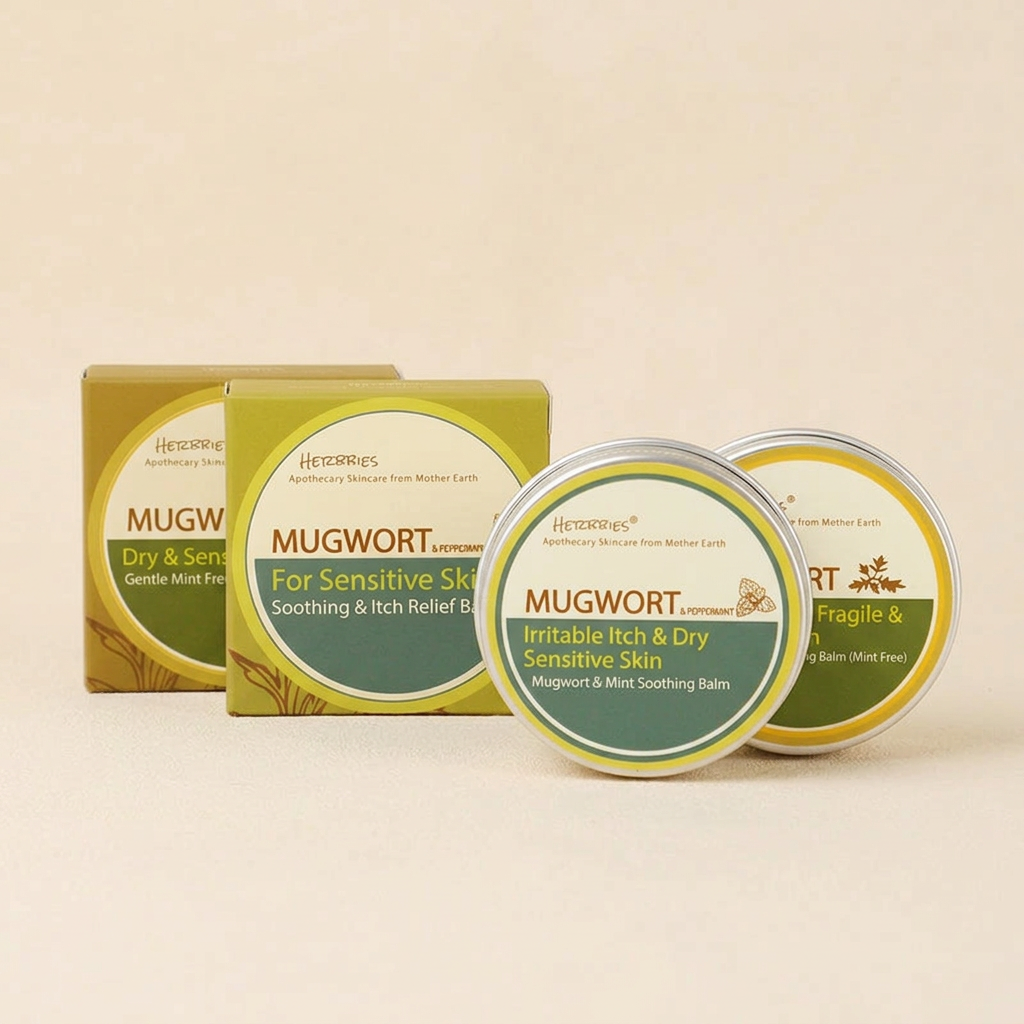 Both balm tins on the right with matching boxes set behind
